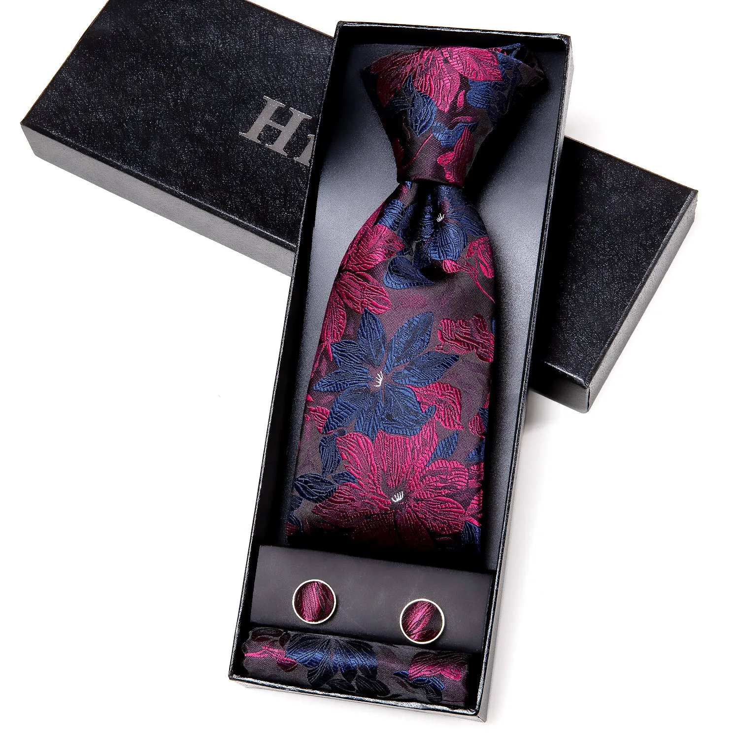 Hi-Tie Black Blue Red Floral Tie Pocket Square Cufflinks Gift Box Set