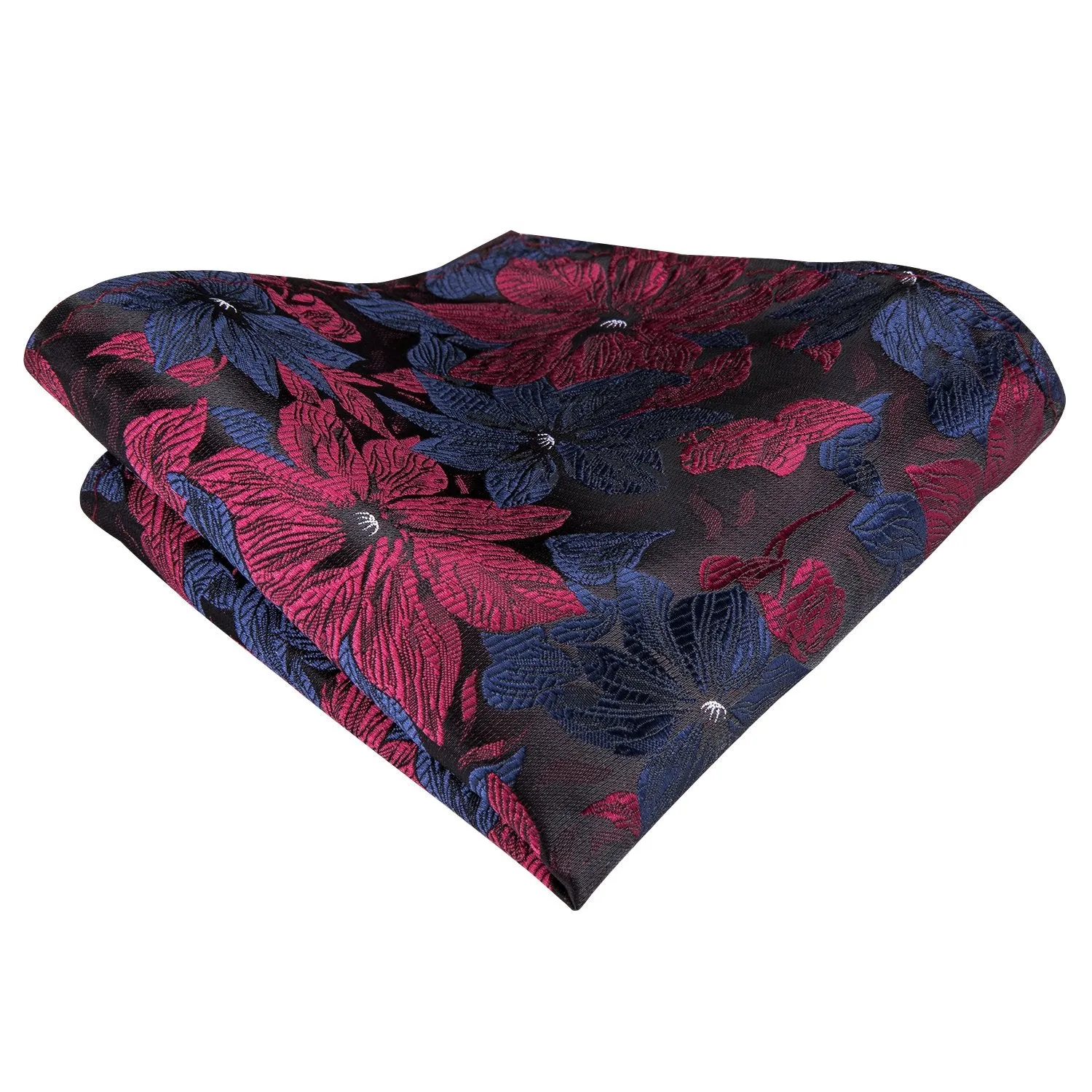 Hi-Tie Black Blue Red Floral Tie Pocket Square Cufflinks Gift Box Set