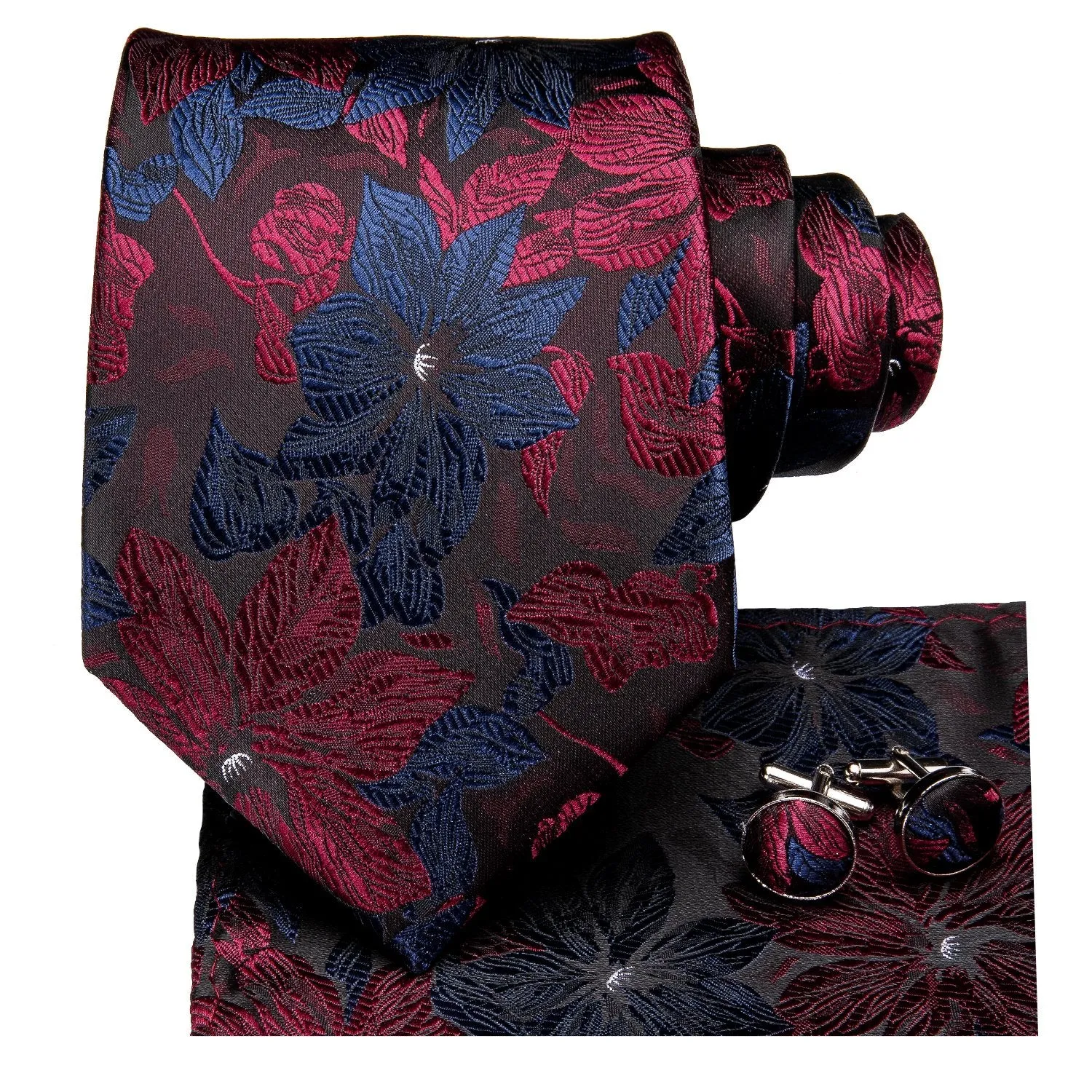 Hi-Tie Black Blue Red Floral Tie Pocket Square Cufflinks Gift Box Set