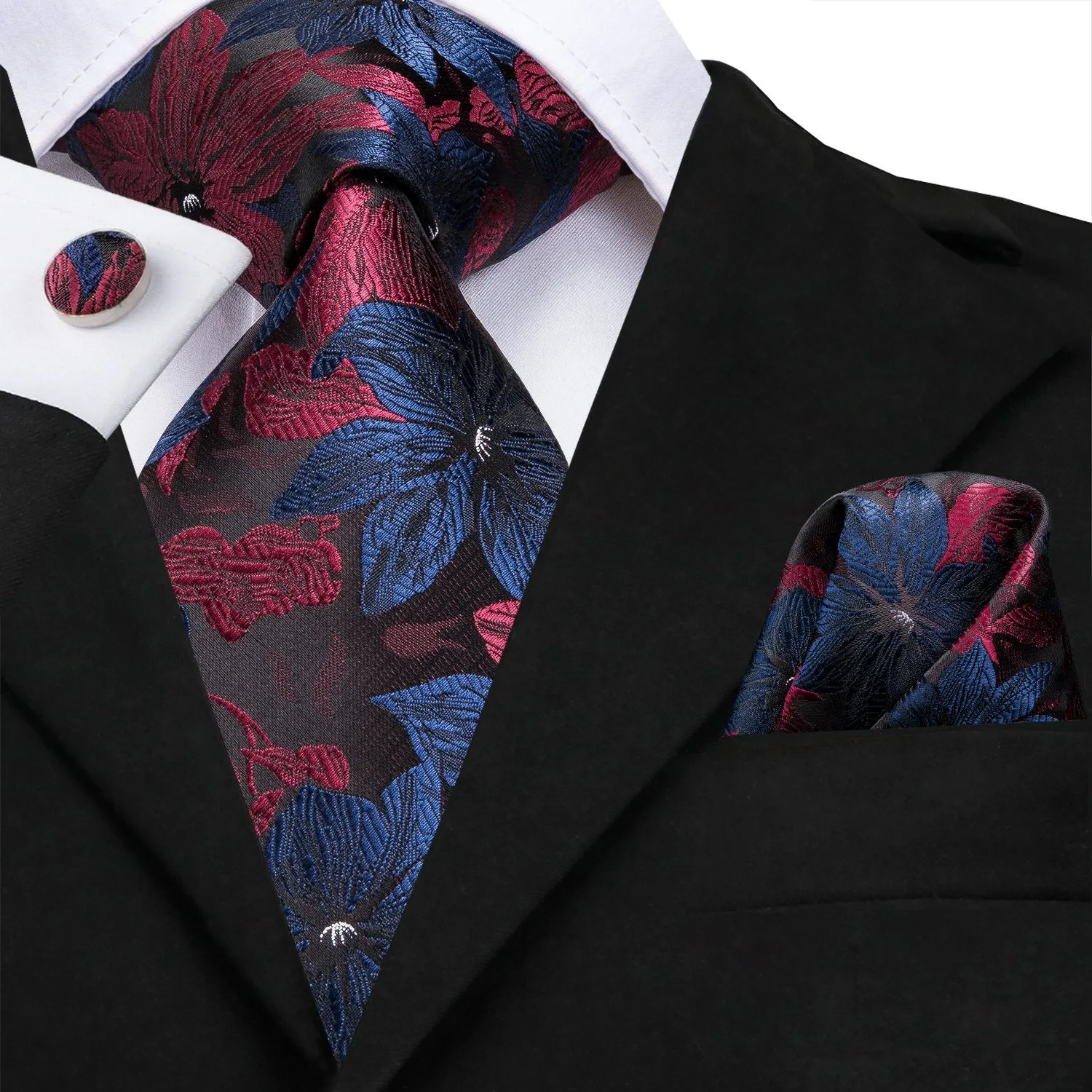 Hi-Tie Black Blue Red Floral Tie Pocket Square Cufflinks Gift Box Set