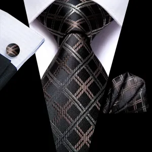 Hi-Tie Black Brown Plaid Men's Wedding Tie Pocket Square Cufflinks Set