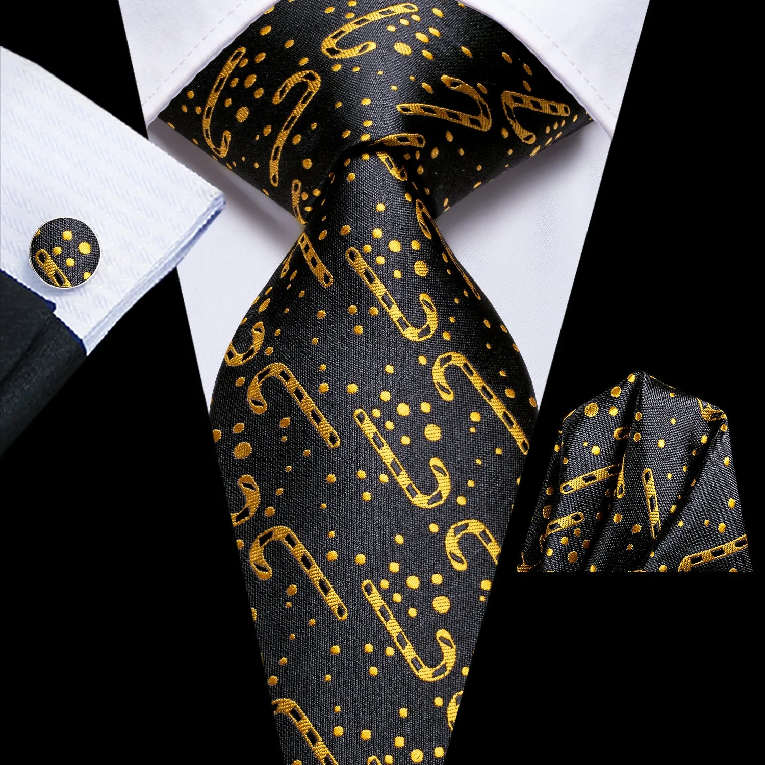 Hi-Tie Black Golden Christmas Cane Necktie Pocket Square Cufflinks Set