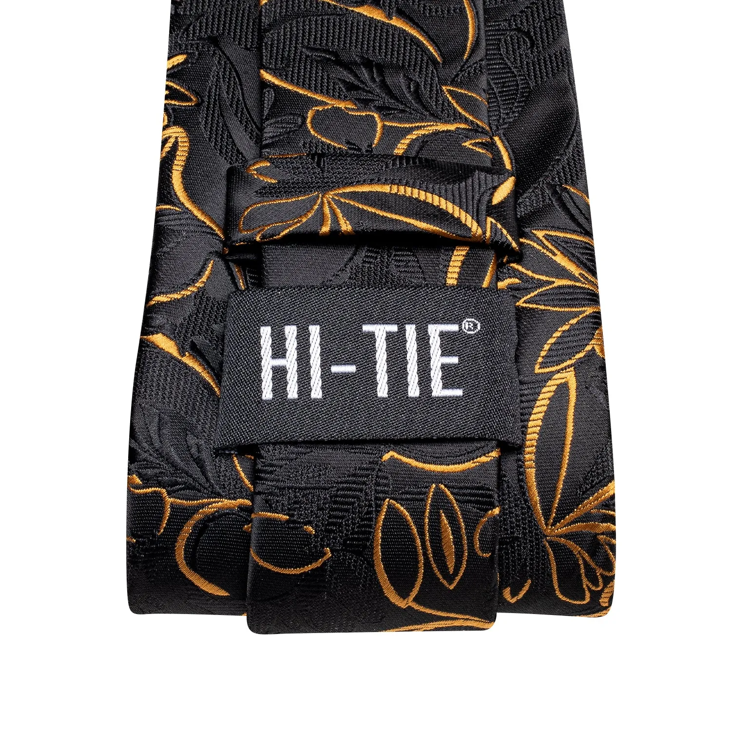 Hi-Tie Black Golden Floral Silk Men's Tie Pocket Square Cufflinks Set