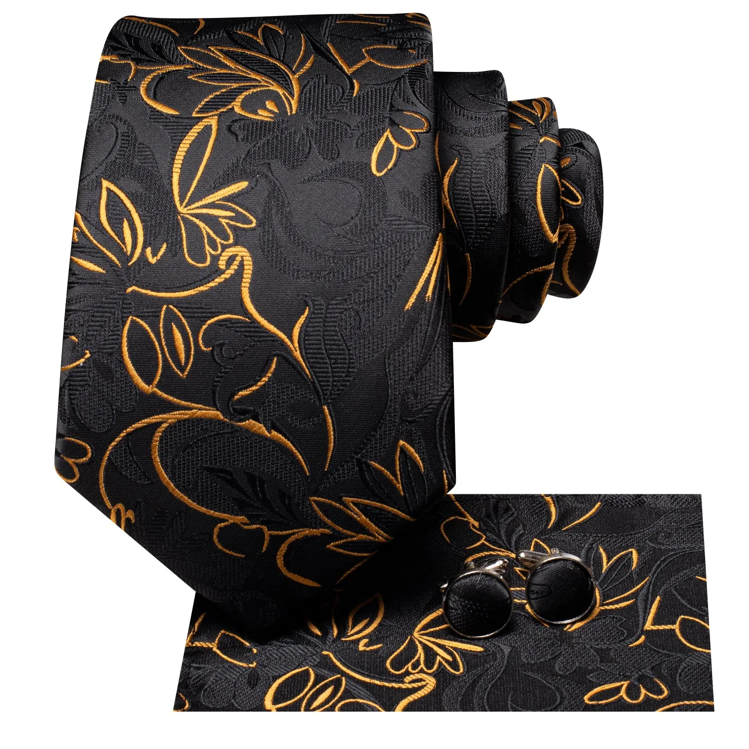 Hi-Tie Black Golden Floral Silk Men's Tie Pocket Square Cufflinks Set