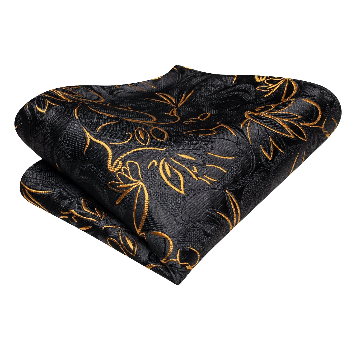 Hi-Tie Black Golden Floral Silk Men's Tie Pocket Square Cufflinks Set