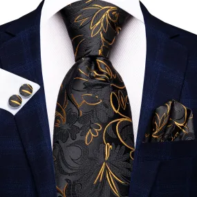 Hi-Tie Black Golden Floral Silk Men's Tie Pocket Square Cufflinks Set