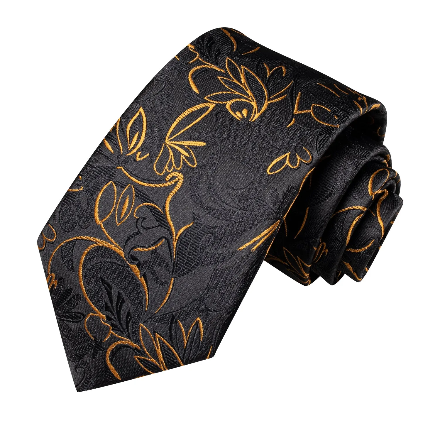 Hi-Tie Black Golden Floral Silk Men's Tie Pocket Square Cufflinks Set