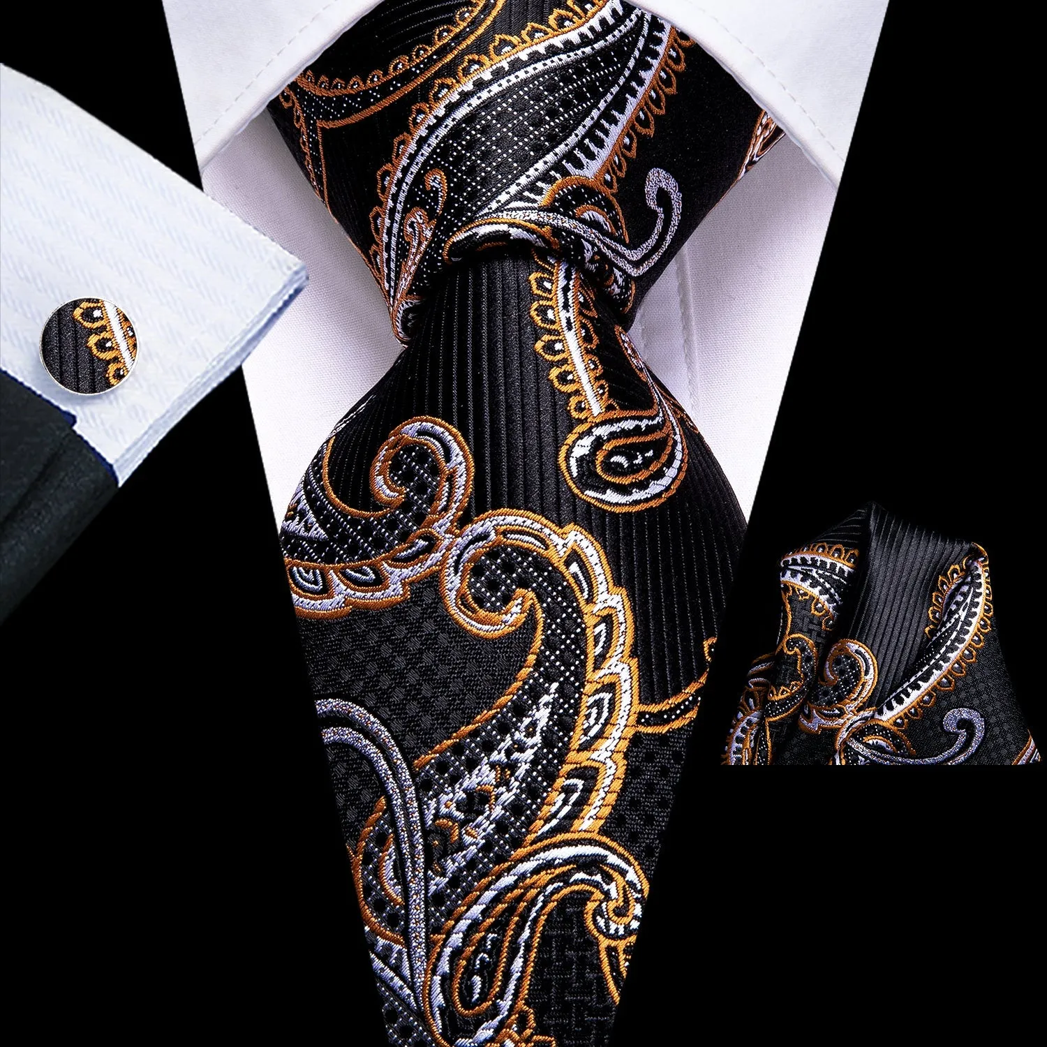 Hi-Tie Black Golden Paisley Tie Hanky Cufflinks Set Wedding Brooch