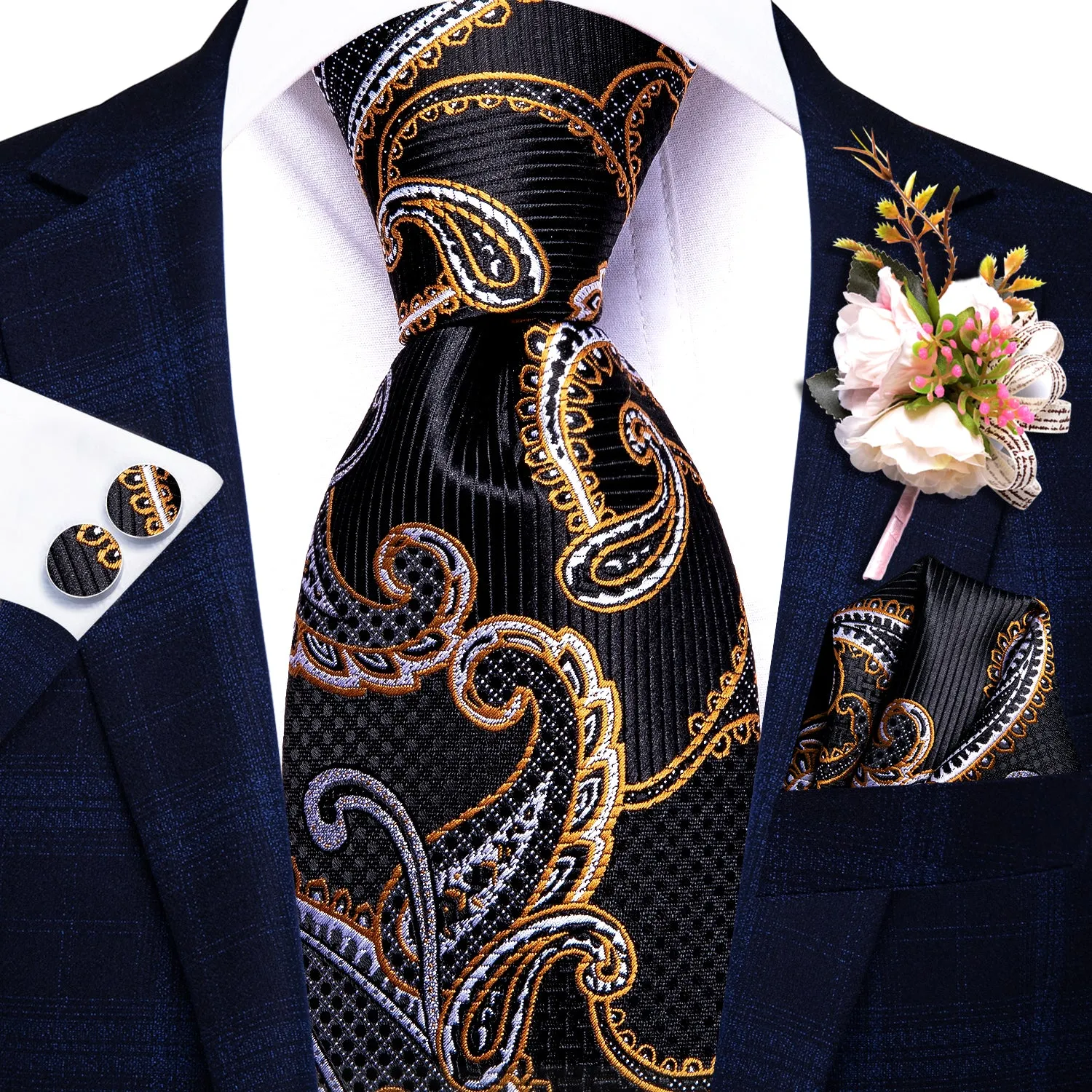 Hi-Tie Black Golden Paisley Tie Hanky Cufflinks Set Wedding Brooch