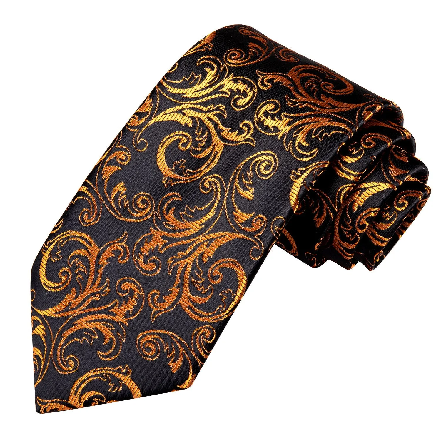 Hi-Tie Black Golden Paisley Tie Pocket Square Cufflinks Set