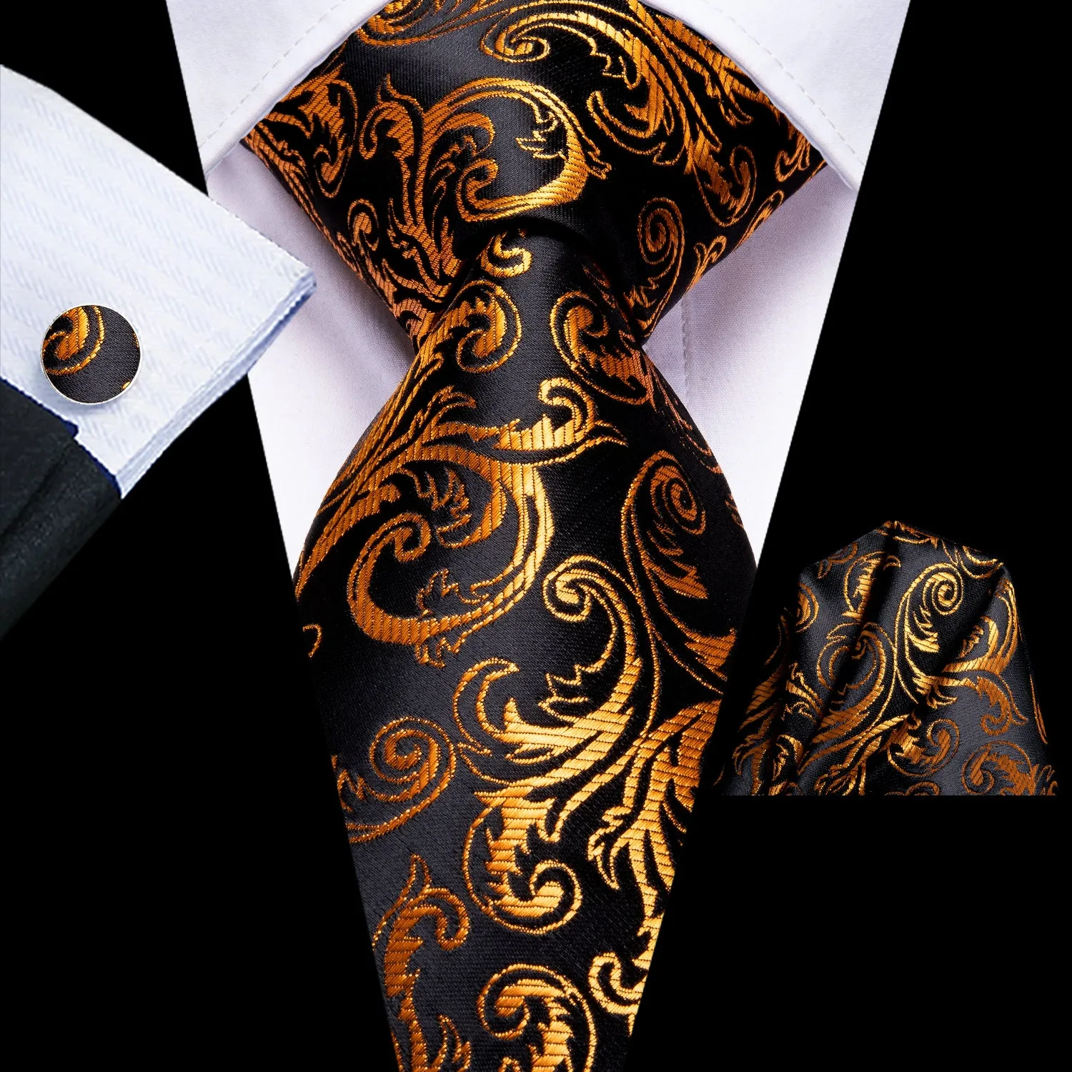 Hi-Tie Black Golden Paisley Tie Pocket Square Cufflinks Set