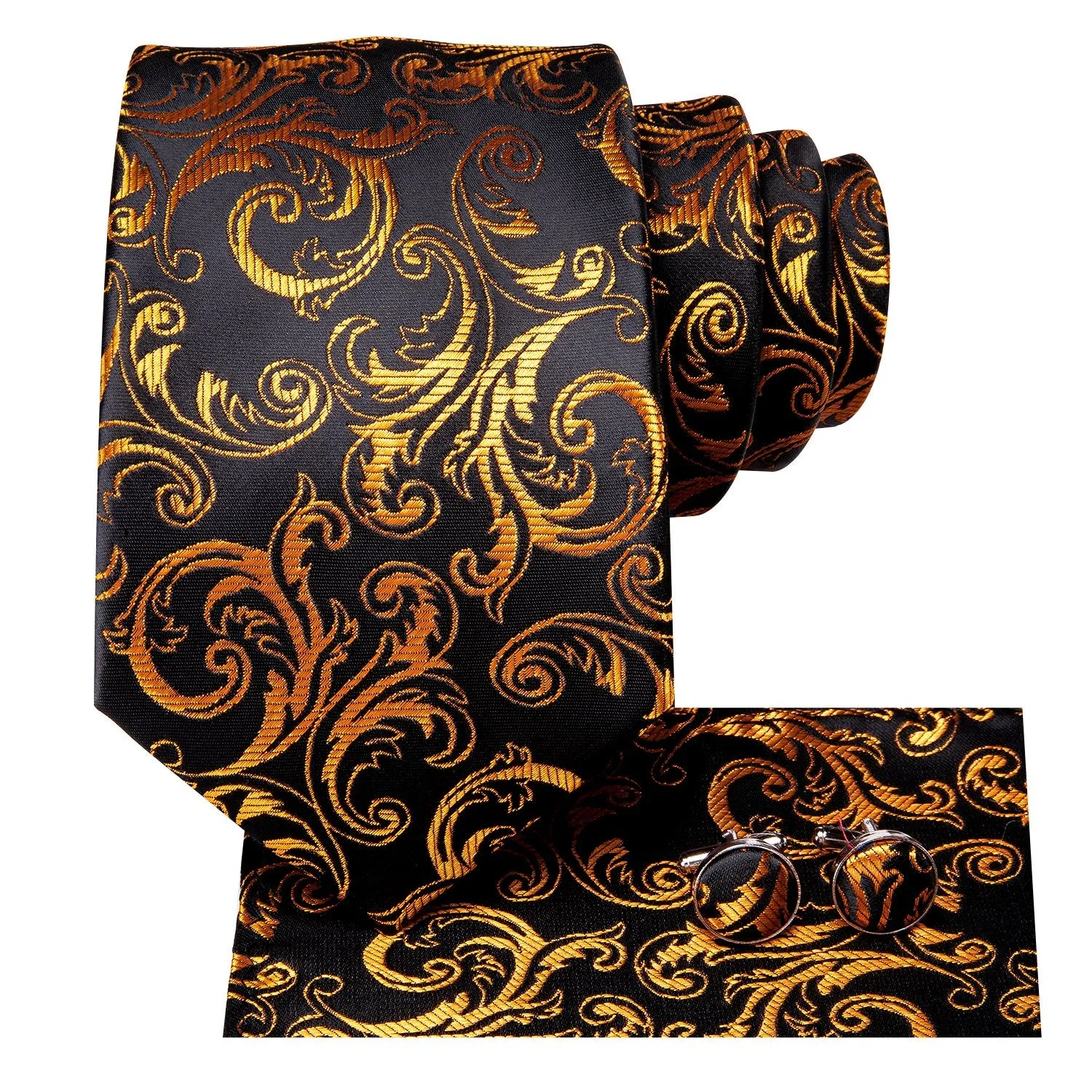 Hi-Tie Black Golden Paisley Tie Pocket Square Cufflinks Set