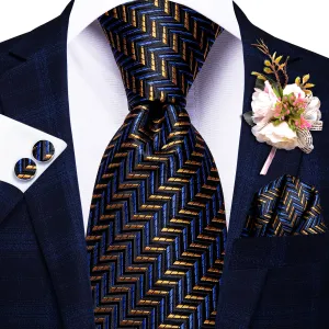 Hi-Tie Black Golden Striped Men's Necktie Set with Wedding Brooch