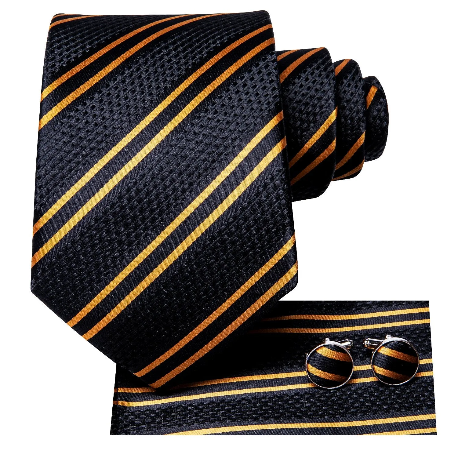 Hi-Tie Black Golden Striped Silk Necktie Pocket Square Cufflinks Set