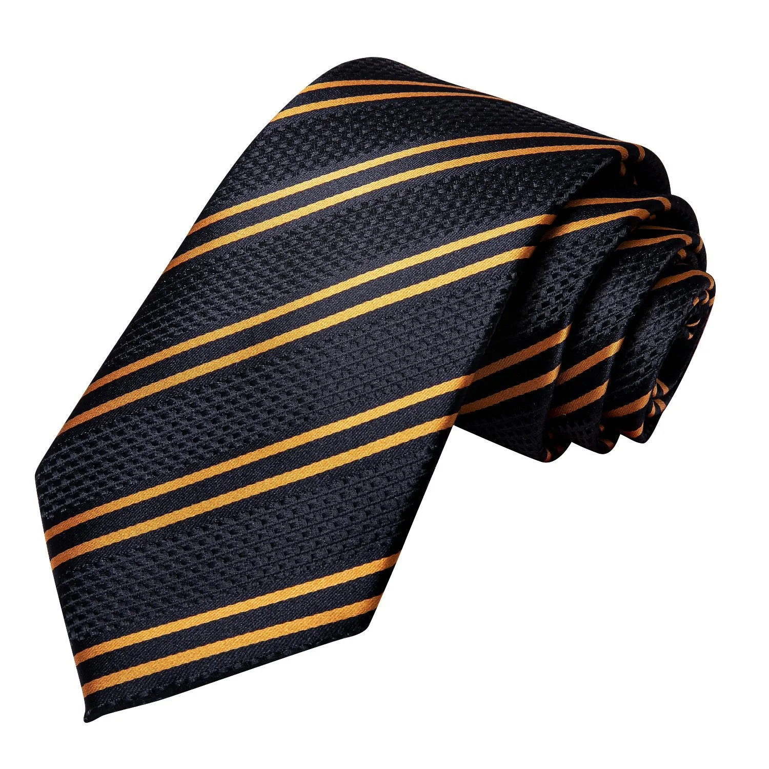 Hi-Tie Black Golden Striped Silk Necktie Pocket Square Cufflinks Set