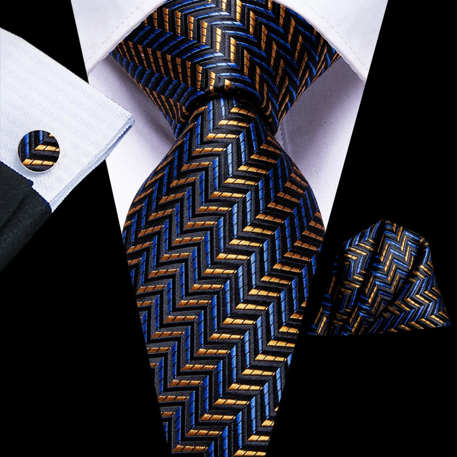 Hi-Tie Black Golden Striped Tie Pocket Square Cufflinks Set