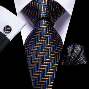 Hi-Tie Black Golden Striped Tie Pocket Square Cufflinks Set