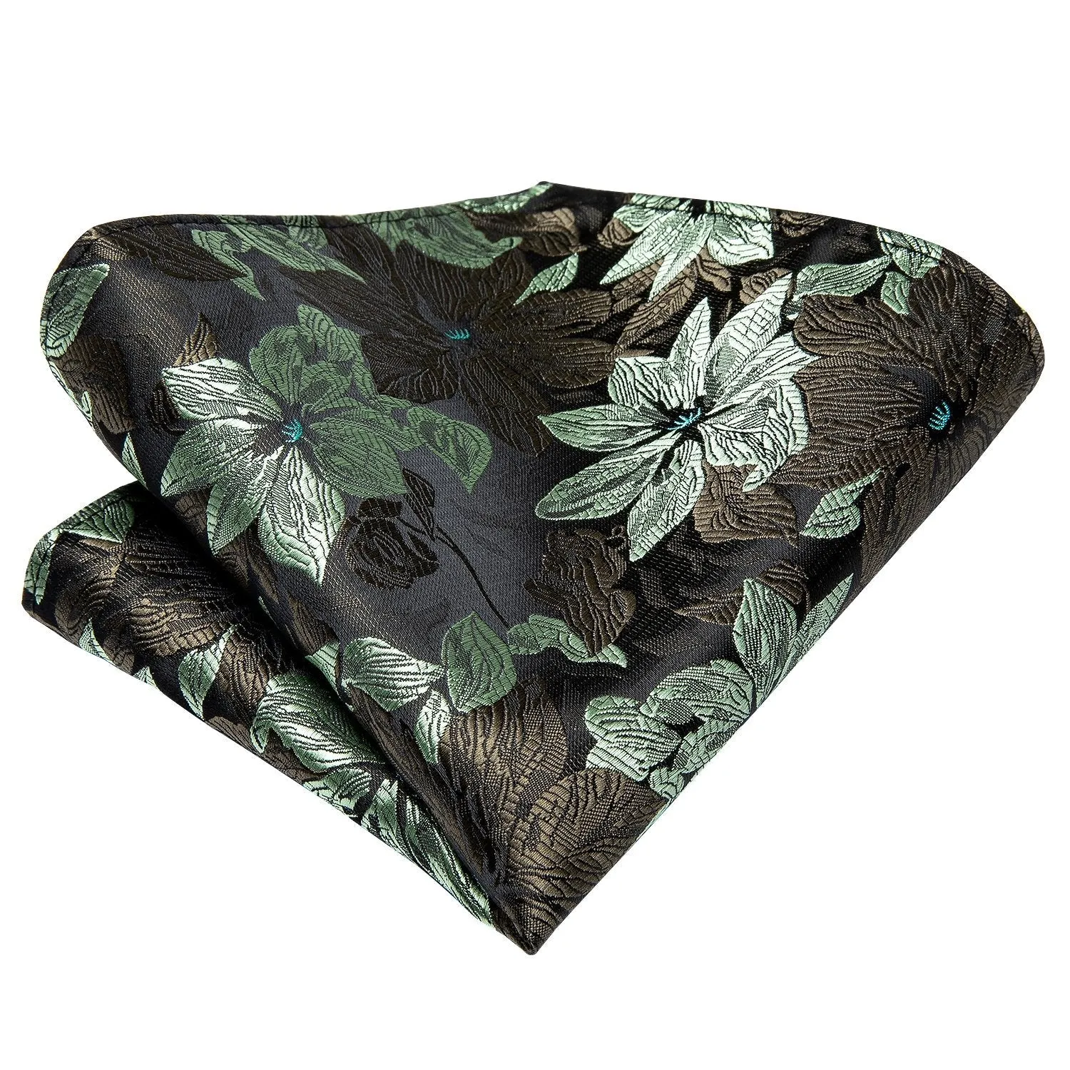 Hi-Tie Black Green Floral Tie Hanky Cufflinks Set with Wedding Brooch