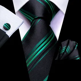 Hi-Tie Black Green Striped Wedding Necktie Pocket Square Cufflinks Set