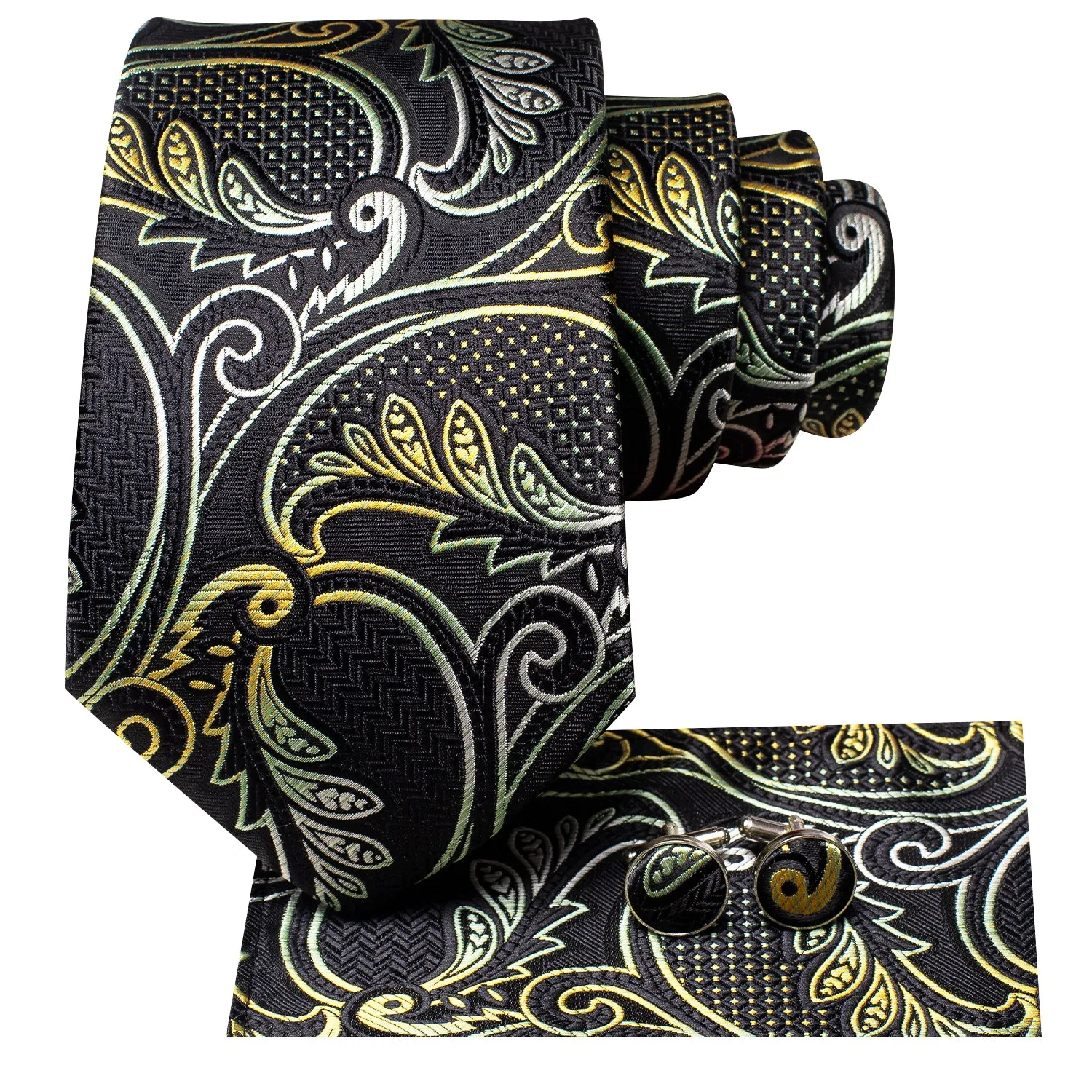 Hi-Tie Black Grey Yellow Paisley Necktie Pocket Square Cufflinks Set