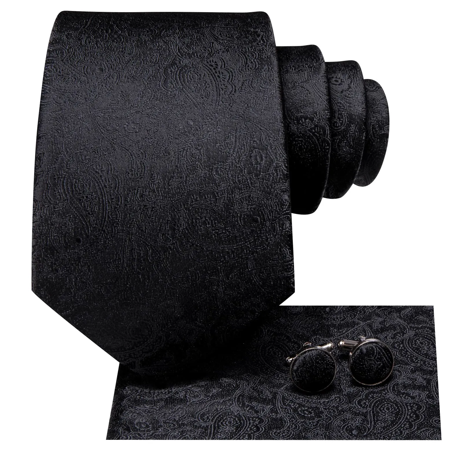 Hi-Tie Black Paisley Silk Mens Tie Handkerchief Cufflinks Set