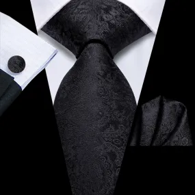 Hi-Tie Black Paisley Silk Mens Tie Handkerchief Cufflinks Set