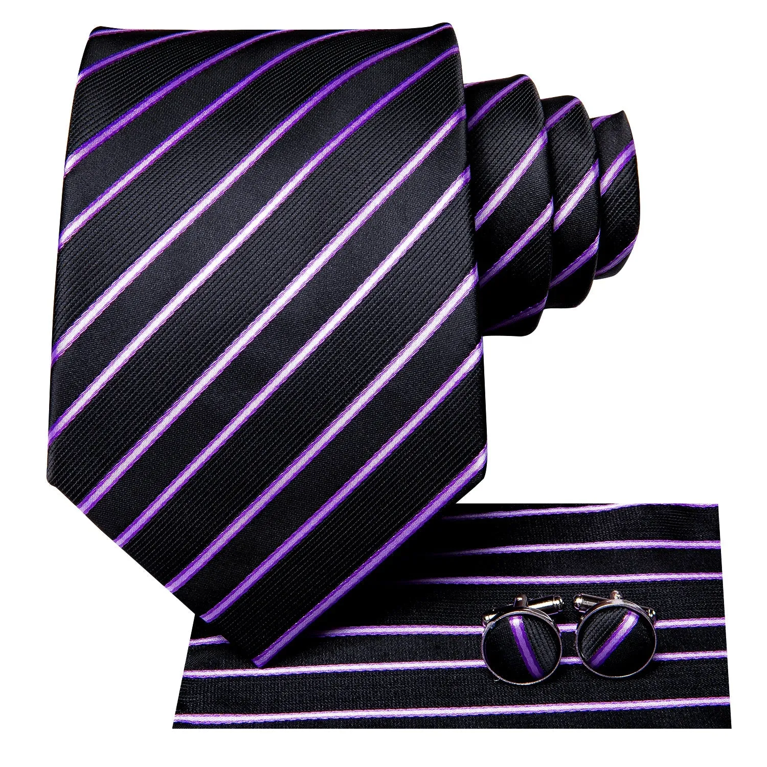 Hi-Tie Black Pink Striped Tie Pocket Hanky Cufflinks Wedding Brooch.