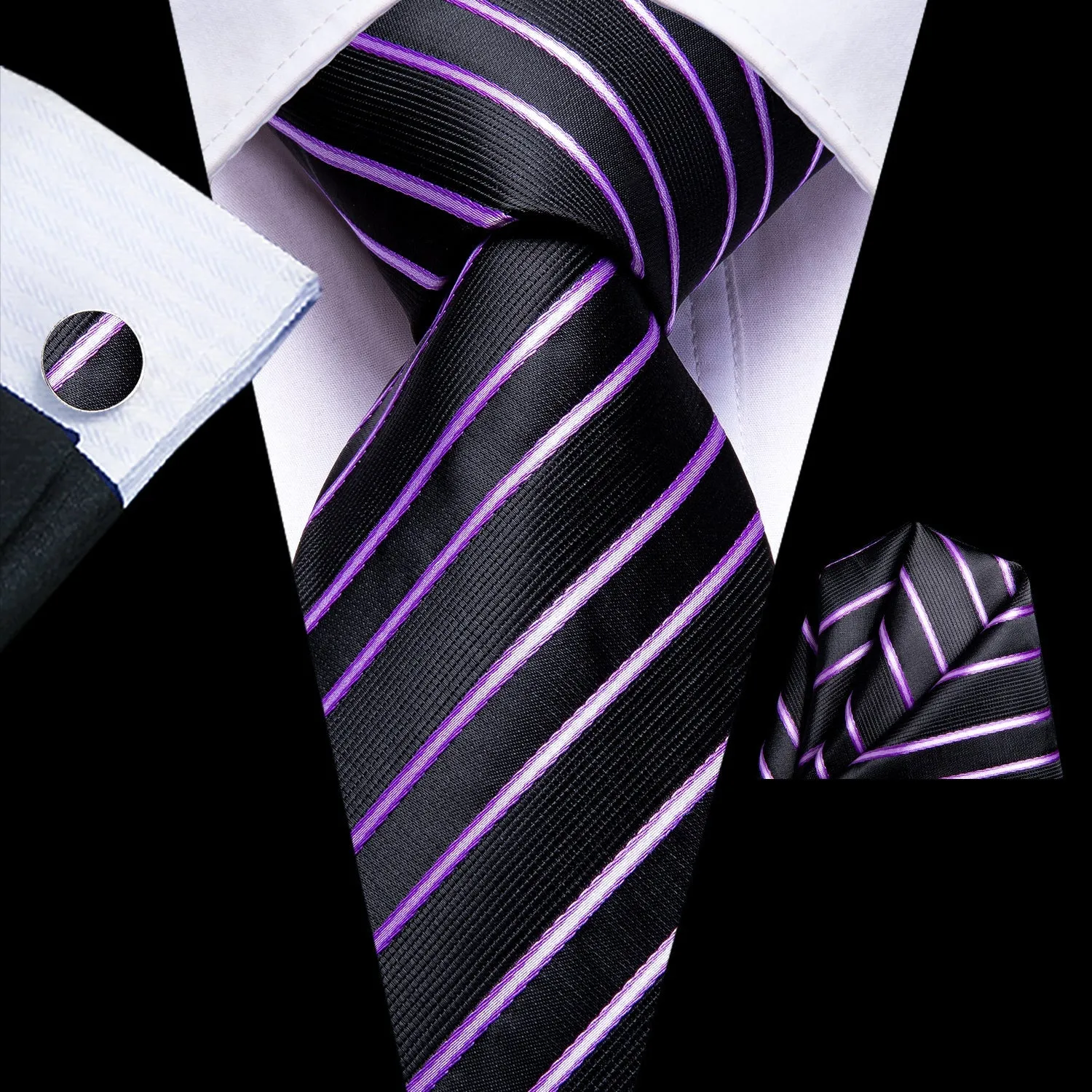 Hi-Tie Black Pink Striped Tie Pocket Hanky Cufflinks Wedding Brooch.