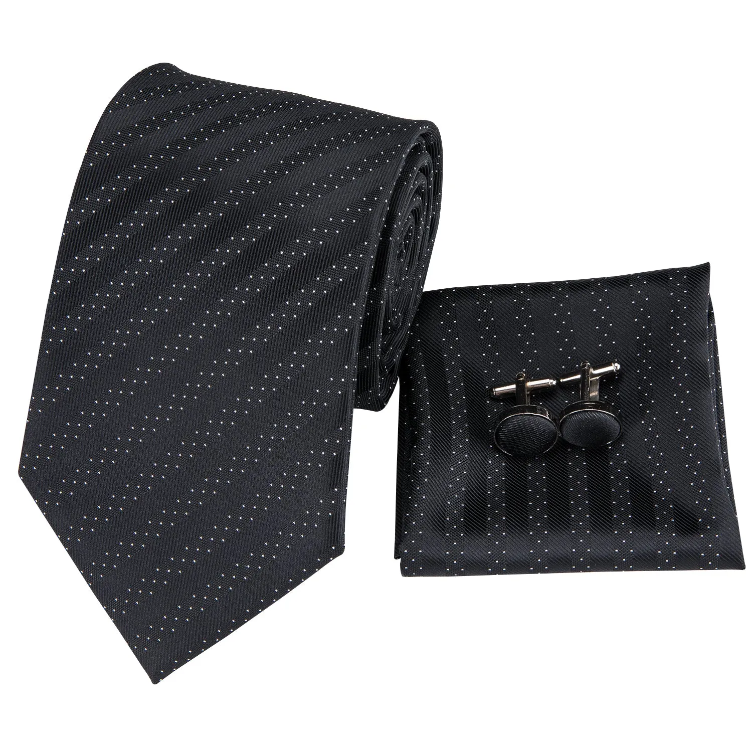 Hi-Tie Black Polka Dot Striped Men's Tie Pocket Square Cufflinks Set