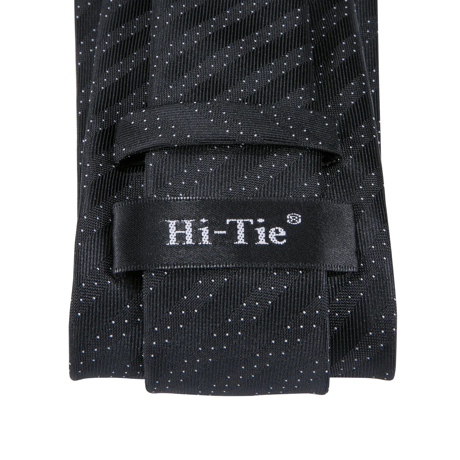 Hi-Tie Black Polka Dot Striped Men's Tie Pocket Square Cufflinks Set