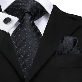 Hi-Tie Black Polka Dot Striped Men's Tie Pocket Square Cufflinks Set