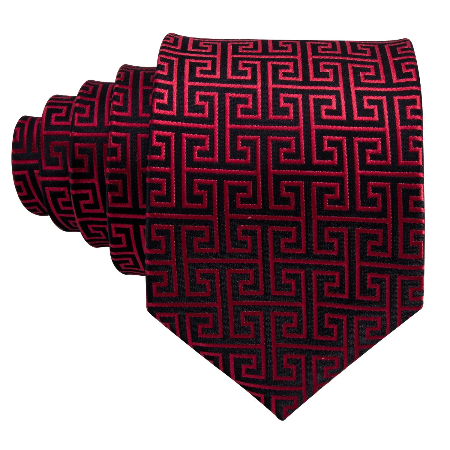 Hi-Tie Black Red Geometric Novelty Silk Men's Tie Hanky Cufflinks Set