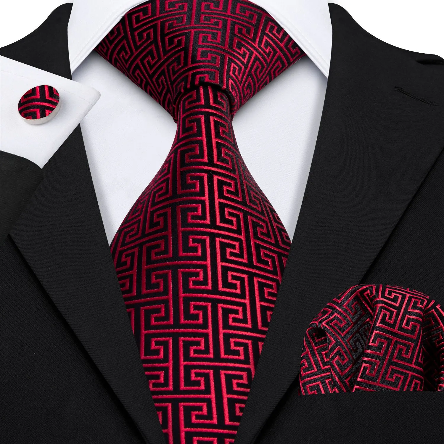 Hi-Tie Black Red Geometric Novelty Silk Men's Tie Hanky Cufflinks Set