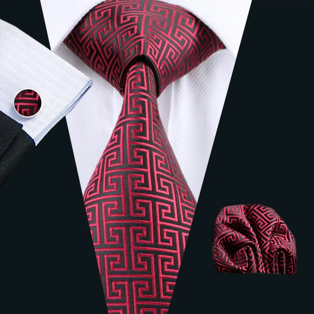 Hi-Tie Black Red Geometric Novelty Silk Men's Tie Hanky Cufflinks Set