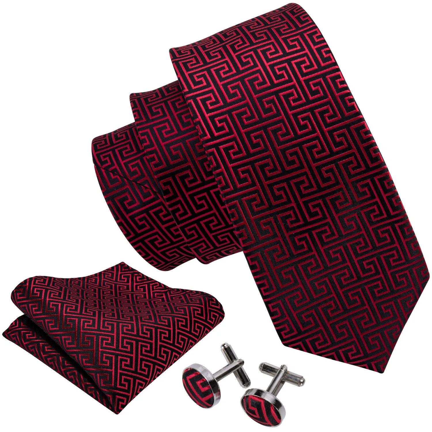 Hi-Tie Black Red Geometric Novelty Silk Men's Tie Hanky Cufflinks Set