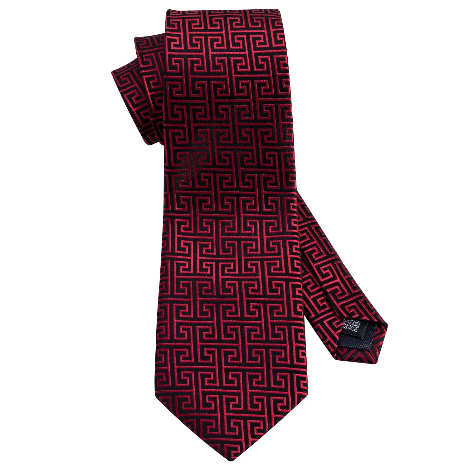 Hi-Tie Black Red Geometric Novelty Silk Men's Tie Hanky Cufflinks Set