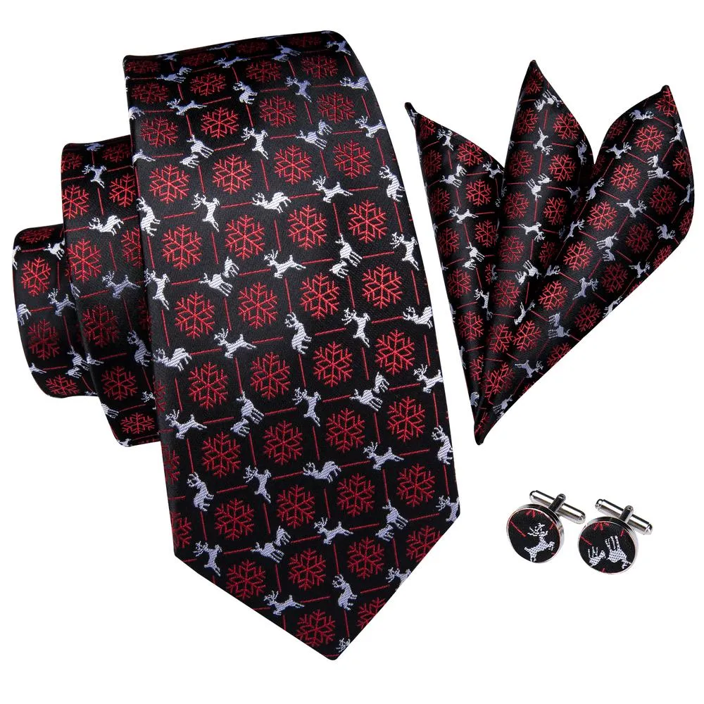 Hi-Tie Black Snow Flake Silk Necktie Pocket Square Cufflinks Gift Box Set