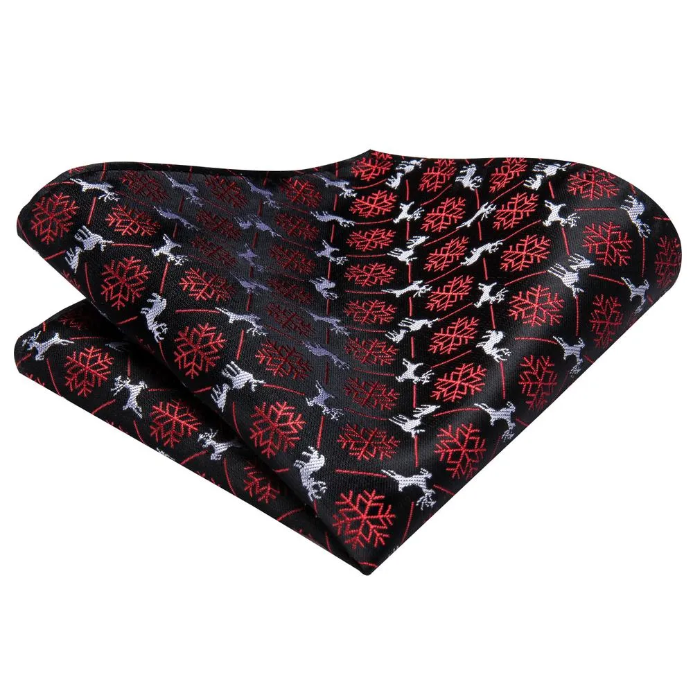 Hi-Tie Black Snow Flake Silk Necktie Pocket Square Cufflinks Gift Box Set