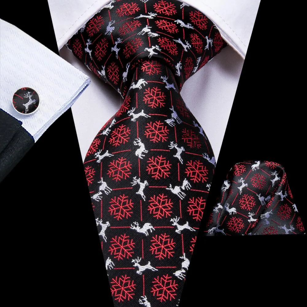 Hi-Tie Black Snow Flake Silk Necktie Pocket Square Cufflinks Gift Box Set