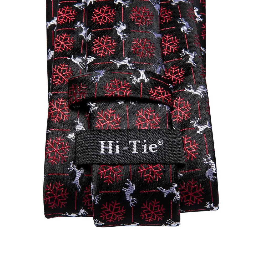 Hi-Tie Black Snow Flake Silk Necktie Pocket Square Cufflinks Gift Box Set