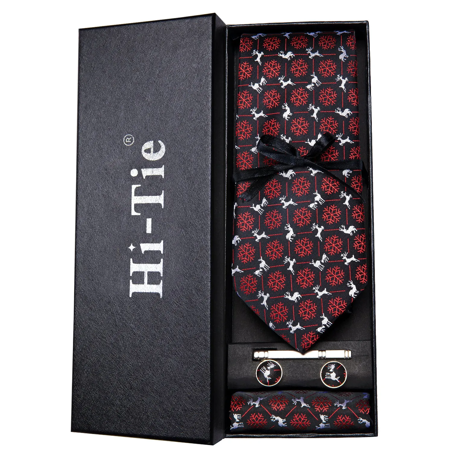 Hi-Tie Black Snow Flake Silk Necktie Pocket Square Cufflinks Gift Box Set