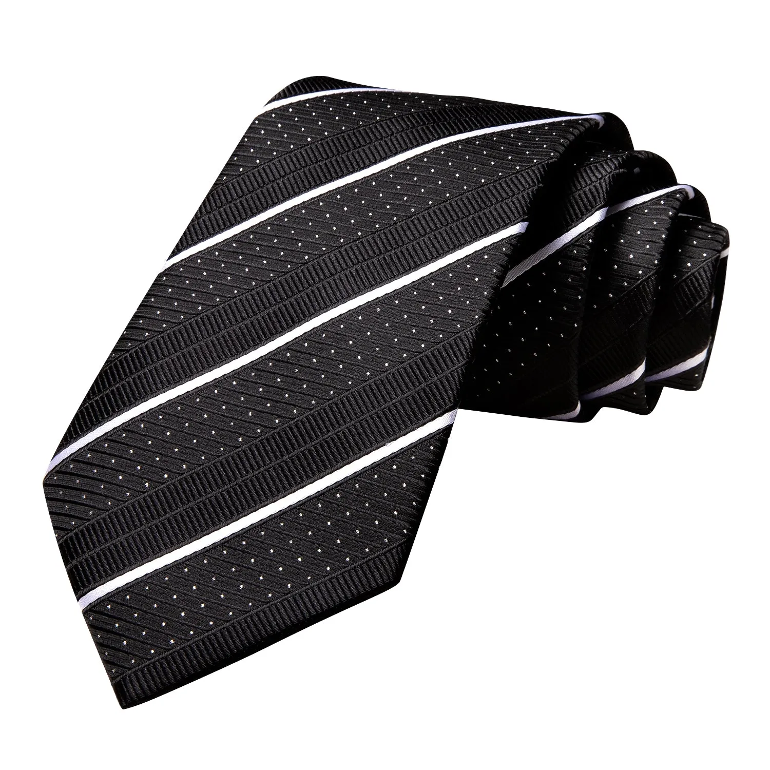 Hi-Tie Black Strip with White Dot 67 Inches Extra Long Necktie Pocket Square Cufflinks Set