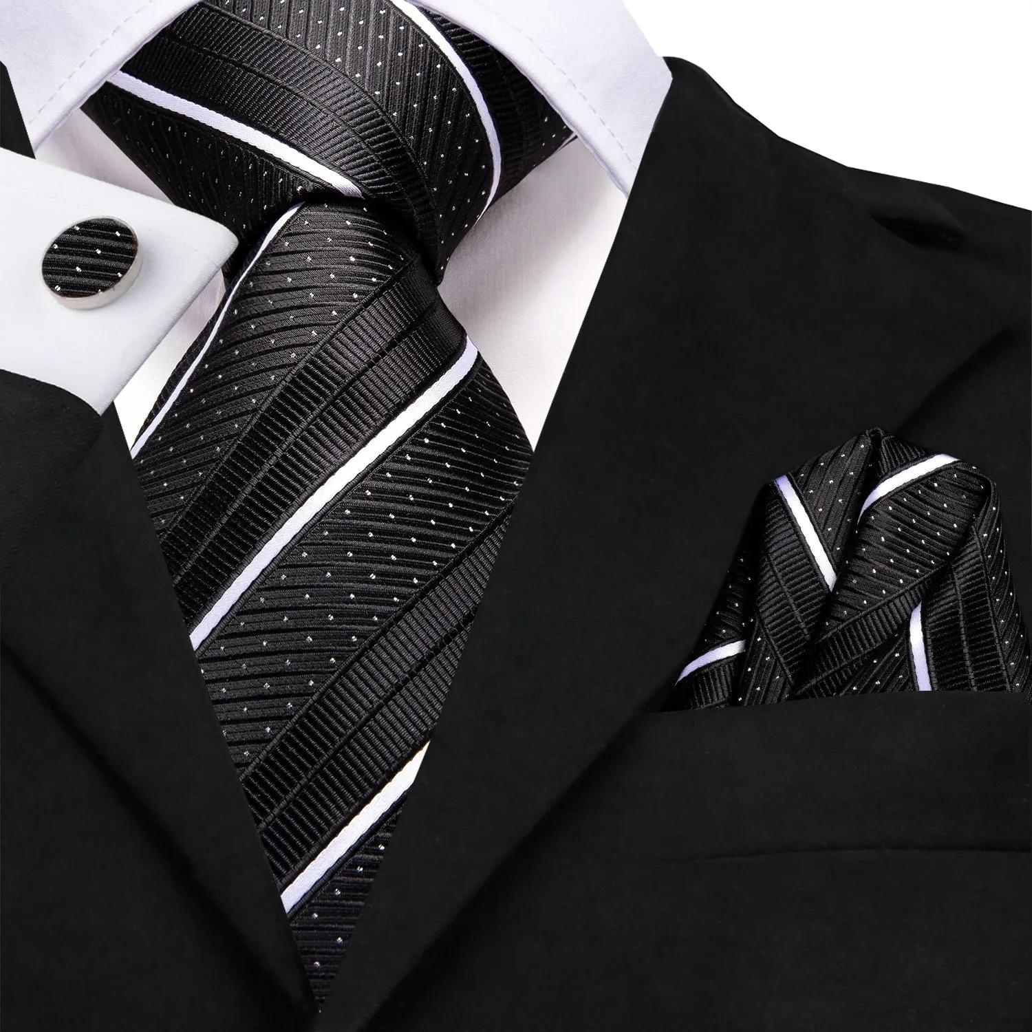 Hi-Tie Black Strip with White Dot 67 Inches Extra Long Necktie Pocket Square Cufflinks Set