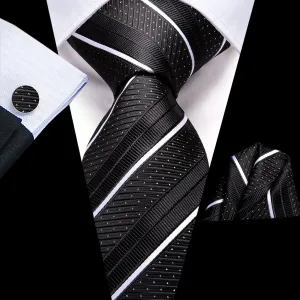 Hi-Tie Black Strip with White Dot 67 Inches Extra Long Necktie Pocket Square Cufflinks Set