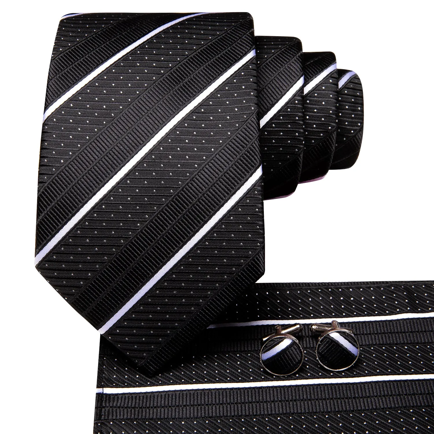 Hi-Tie Black Strip with White Dot 67 Inches Extra Long Necktie Pocket Square Cufflinks Set