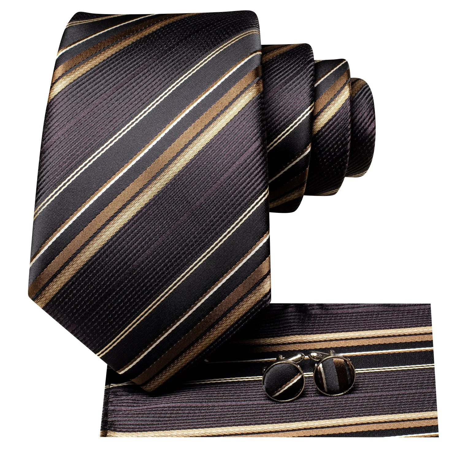 Hi-Tie Black Tie Brown Striped Silk Tie Pocket Square Cufflinks Set