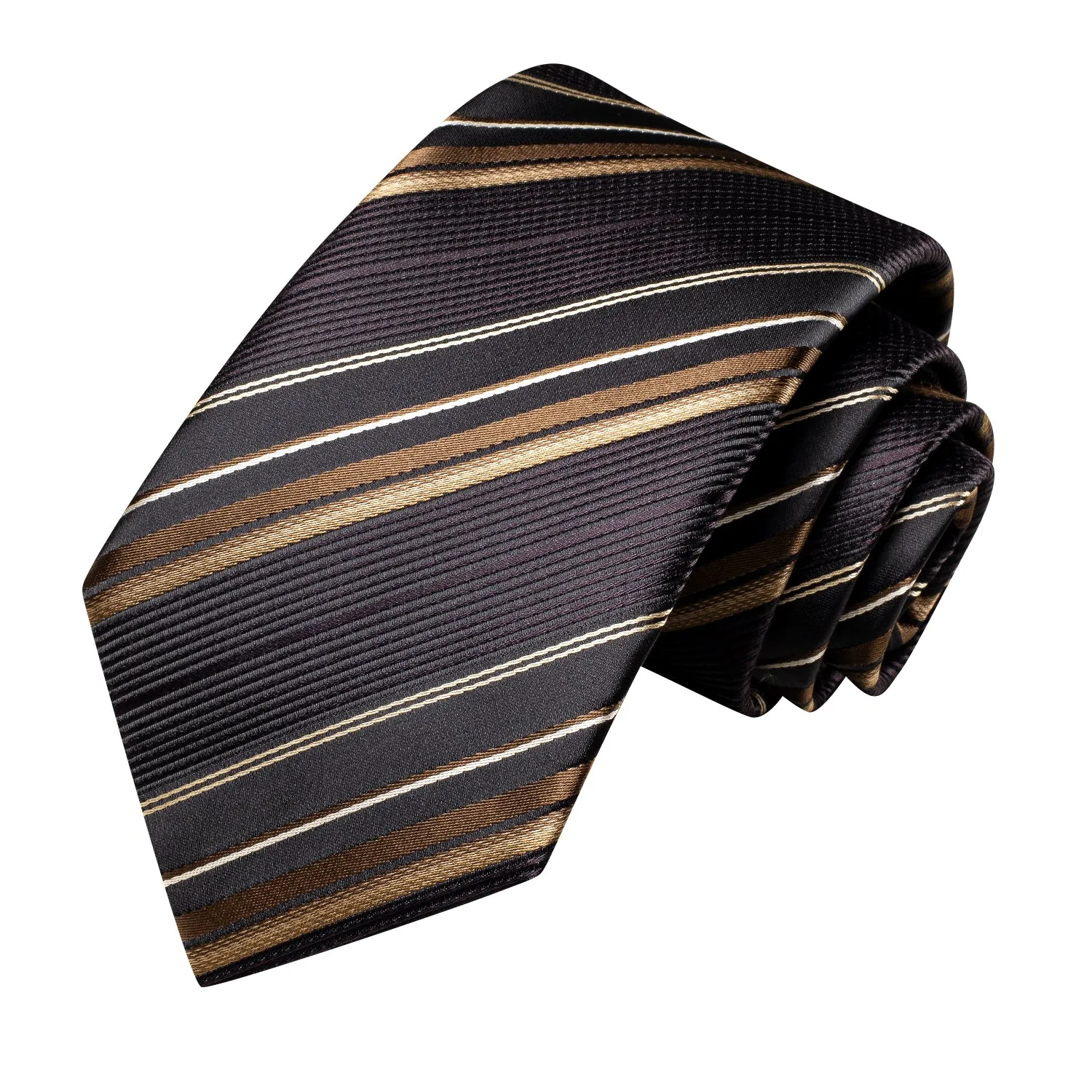 Hi-Tie Black Tie Brown Striped Silk Tie Pocket Square Cufflinks Set