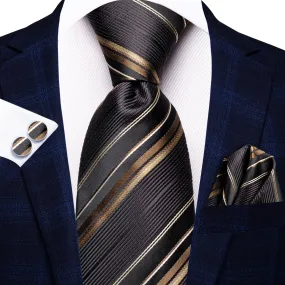 Hi-Tie Black Tie Brown Striped Silk Tie Pocket Square Cufflinks Set