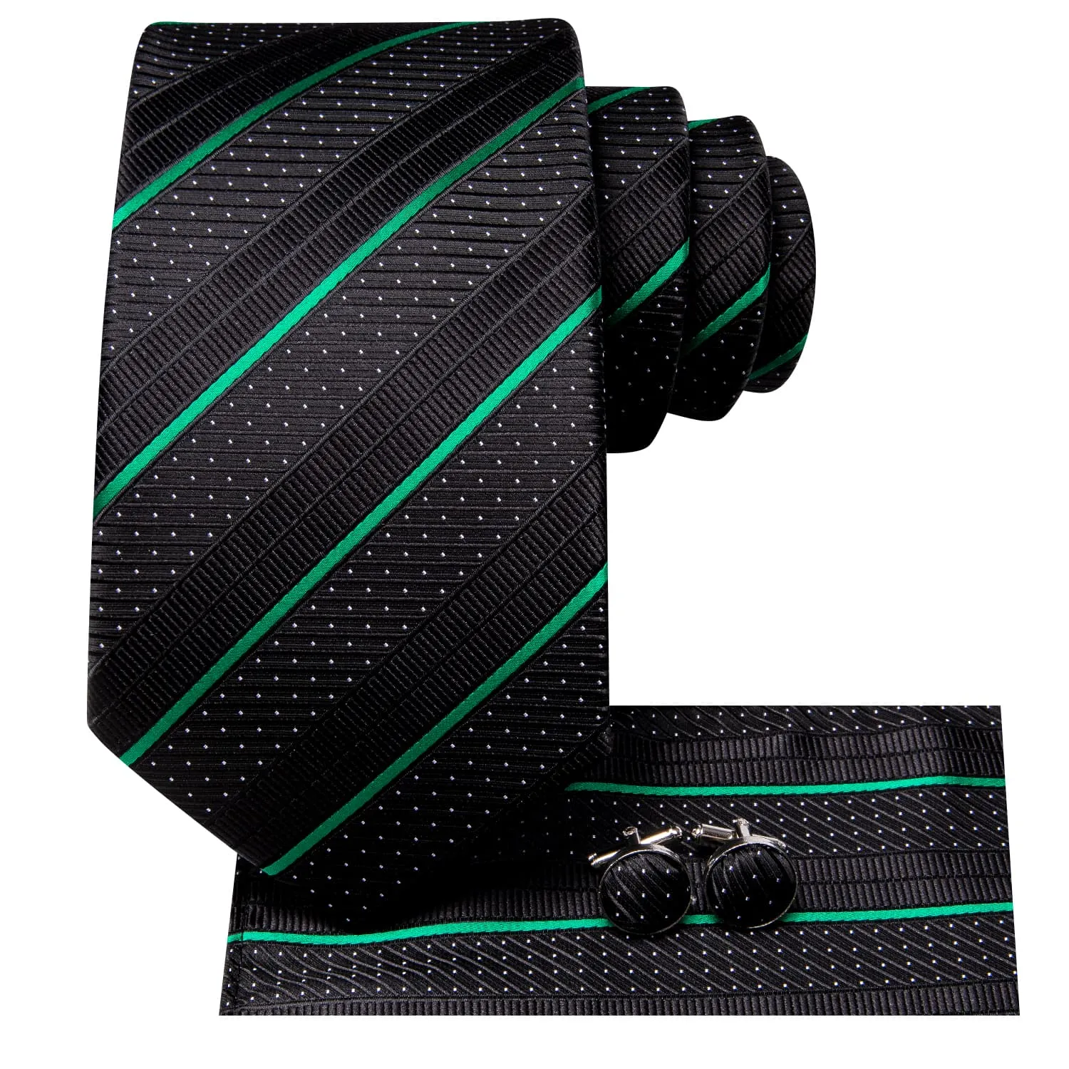 Hi-Tie Black Tie Green Stripes White Dots Formal Neck Tie Set for Men