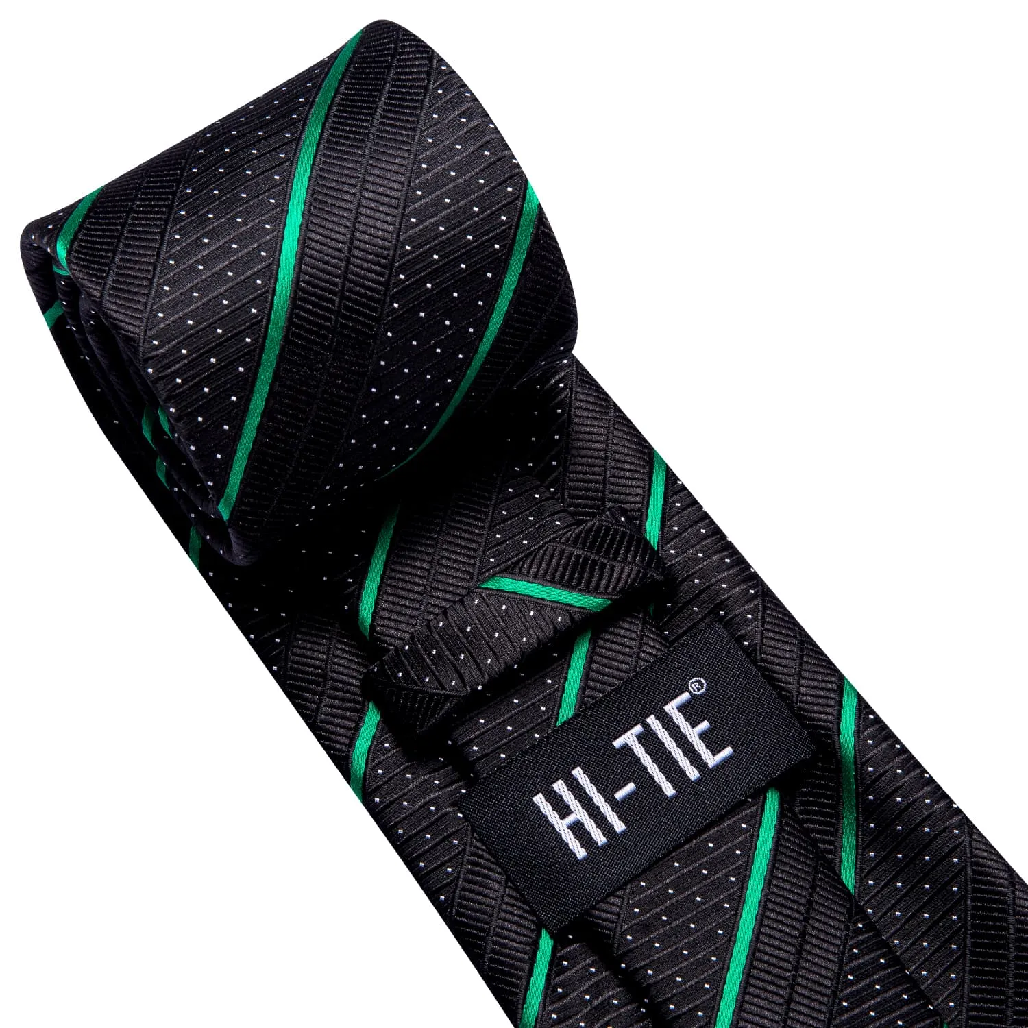 Hi-Tie Black Tie Green Stripes White Dots Formal Neck Tie Set for Men